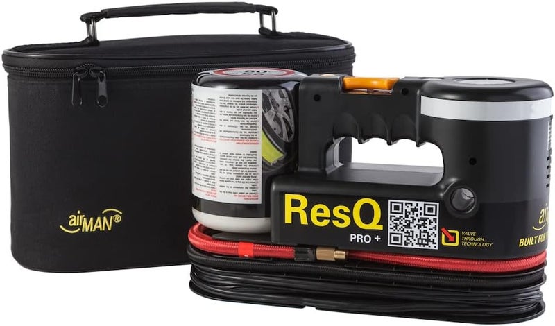 AIRMAN طقم إصلاح الإطارات ResQ Pro+ – ضاغط 12 فولت مع ضوء LED ومانع تسرب صديق للبيئة – مضخة هواء محمولة للطوارئ للإطارات المسطحة للسيارات، SUVs والفانات – تشمل حقيبة ومحولات - Image 1